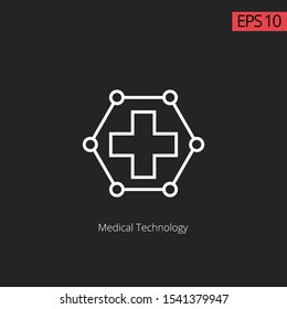 Icon medical technology with plus and circle tech. Thin line white with black background.