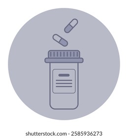 Icon of medication container with capsules floating above. Health and pharmaceutical themes