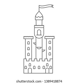 Icon medieval castle. Fairy tale tower. Vector illustration in outline style. Picture for the game. Signboard game store. House of the king.