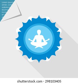 Icon of meditating man's silhouette sitting in lotus pose on background with floral elements