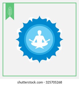 Icon of meditating man's silhouette sitting in lotus pose on background with floral elements