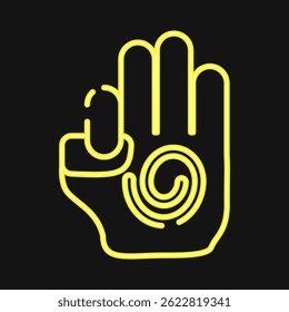 Icon meditation hand. Buddhism and vesak elements. Icon in neon style.