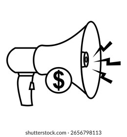 Icon of a megaphone with a dollar symbol, representing paid advertising, promotion, or marketing investment. Design symbol vector illustration.