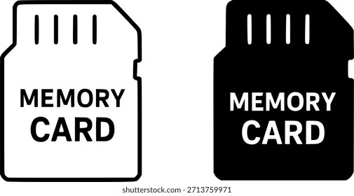 Icon, memory card illustration, black and white, outline and silhouette versions