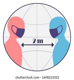 Icono dos hombres enmascarados manteniendo la distancia social para prevenir los síntomas del virus de la corona fiebre pandémica o alta temperatura corporal