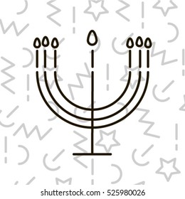Icon menorah in the modern background. Thin line. The symbol of Israel is Menorah. Memphis design background. The Menorah symbol of the Jewish faith.