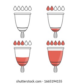 Icon of a menstrual cup. Image of different amounts of blood in menstruation.