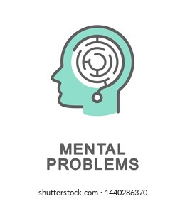 Icon mental problems. The labyrinth and the question mark indicate a complex mental problem. The thin contour lines with color fills.