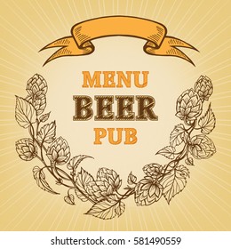 icon for a menu with branches of hops and ribbon