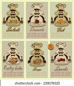 Icon menu and chef. Set for menu design. Set contains six title card with images of chef with diverse dishes.