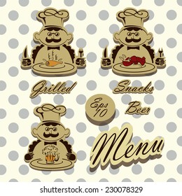 Icon menu and chef. Set of chef for design. Scrap booking style.