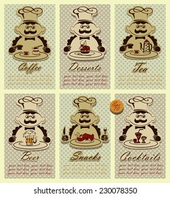 Icon menu and chef. Set for menu design. Set contains six title card with images of chef with diverse dishes.