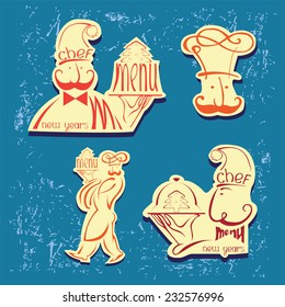 Icon menu and chef. Set of symbolical images of cooks. Vintage style.