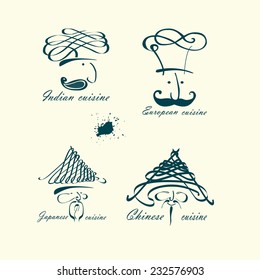 Icon menu and chef.Set of symbolical images of cooks for international cuisine.