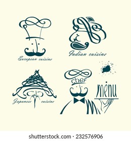 Icon menu and chef.Set of symbolical images of cooks for international cuisine.