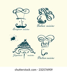 Icon menu and chef.Set of symbolical images of cooks for international cuisine.