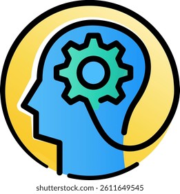 A icon merging a cogwheel with a brain inside a head, representing logic, artificial intelligence, and industrial creativity in logo designs.