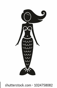 Icon mermaid. Black silhouette of young girl with fish tail. Full height. Standing pose. Vector illustration.