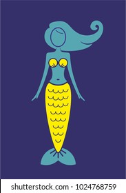 Icon mermaid. Silhouette of young girl with yellow fish tail. Full height woman. Standing pose. Underwater life. Vector illustration.