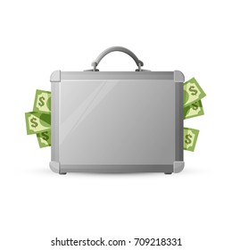 Icon of metal briefcase with money isolated on white