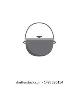Icon metal hiking pot or cauldron in flat style. Hiking pot for tourism and cooking on a fire, hiking in nature and a picnic. Isolated flat vector illustration of a camping bowler.