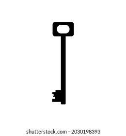 The icon of a metal long key for the lock is black on a white background. A vector image.