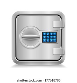 Icon of metal safe with electronic lock on white background