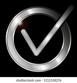 An icon of a metallic checkmark with chamfered border and lens flare, isolated on black background - Vector