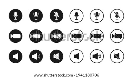 Icon of microphone, sound and camera. Button for mute, zoom and mic. Symbols of interface for video, audio and speakers. Signs of meeting, conference, online webinar. UI on computer. Vector.