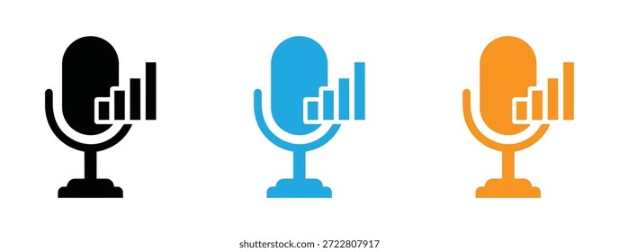 Icono de micrófono con indicador de nivel de sonido. Iconos coloridos del micrófono para el podcasting y la grabación de audio. 