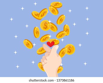 Icon of mini heart hand, money Coins falling from the sky. Concept Symbol of love, success and good luck.Vector Illustration Bank and Finance