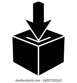  icon, minimalist design, arrow pointing into box, geometric shapes, simple graphic, package delivery symbol