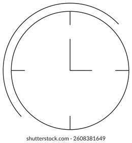Icon of a minimalistic clock with a partial circular outline, symbolizing time and scheduling. Vector pictogram with thin black lines on a transparent background. Line thickness is editable