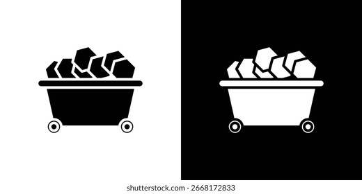 Icono de un Carrito minero lleno de mineral, que se muestra en fondos blancos y negros.