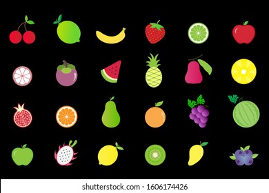 Icon mix fruits (Cherry ,Lime ,Banana ,Strawberry ,Rose apple ,Mangosteen ,Watermelon ,Pineapple ,Pomegranate ,Orange ,Pear ,Peach ,Grape ,Dragon fruit ,Lemon ,Mango ,Blueberry) on black background.