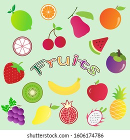 Icon mix fruits pattern (Cherry ,Lime ,Banana ,Strawberry ,Rose apple ,Mangosteen ,Watermelon ,Pineapple ,Pomegranate ,Orange ,Grape ,Dragon fruit ,Lemon ,Mango ,Kiwi) isolated on green background.