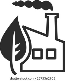 Icon in mixed silhouette and line style, environmental pollution in the form of a factory with a pipe, smoke and a leaf. CO2 emissions into the atmosphere, dark gray icon.