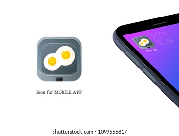 Icon for mobile app shown on screen of phone or tablet, eggs making omelette, application design and dish service isolated on vector illustration
