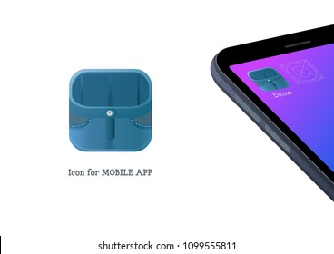 Icon for mobile application blue jeans pocket of denim cloth on phone, folder for storage files designed as element of clothing, shopping concept vector