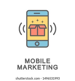 Icon mobile marketing. Promotion of goods and services via mobile devices. The thin contour lines with color fills.