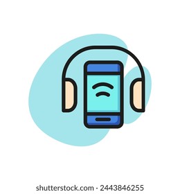 Icon of mobile phone with headphones. Smartphone, device, gadget. Wireless technology concept. Can be used for topics like modern technology, digital devices, communication.