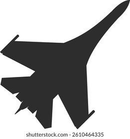 Icon model of a Su-27 fighter jet, top view, black silhouette, air force aircraft model.