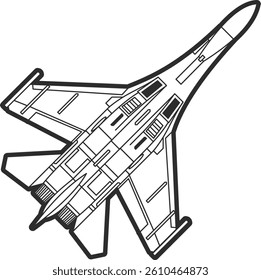 Icon model of a Su-27 fighter jet, top view, black line, model of an air force aircraft.