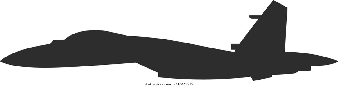 Icon model of a Su-27 fighter jet, side view silhouette in black, air force aircraft icon.