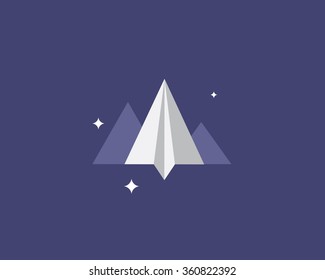 Icon in a modern flat design. Paper plane flying to the mountains, the achievement of results, problem solving, pumping skills.