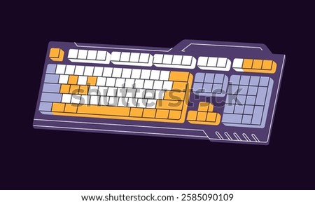 Icon of modern gamers' computer keyboard. Wireless mechanical key board to play video games. Videogames' tool, accessory, device with buttons for cybersport. Flat isolated vector illustration