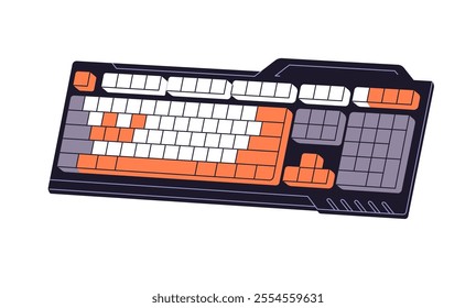 Icon of modern mechanical computer keyboard. Professional gamers' key board. Wireless accessory with buttons to play games. Cybersport device. Flat isolated vector illustration on white background