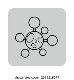 Icon of molecular structure with various connected circles representing atoms. Scientific research, microbiology concept