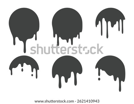 Icon of molten circle with drip collection - black liquid paint drops flowing down round shapes, melting silhouettes with various dripping patterns. Circular designs grunge style compositions.