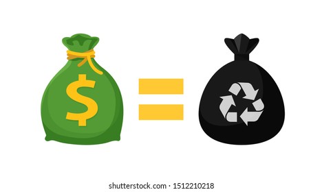 icon money bag and garbage bags, symbol of sack garbage waste and money trade, waste exchange business to money, buy and sell garbage, junk trading in money concept, waste sell and exchange